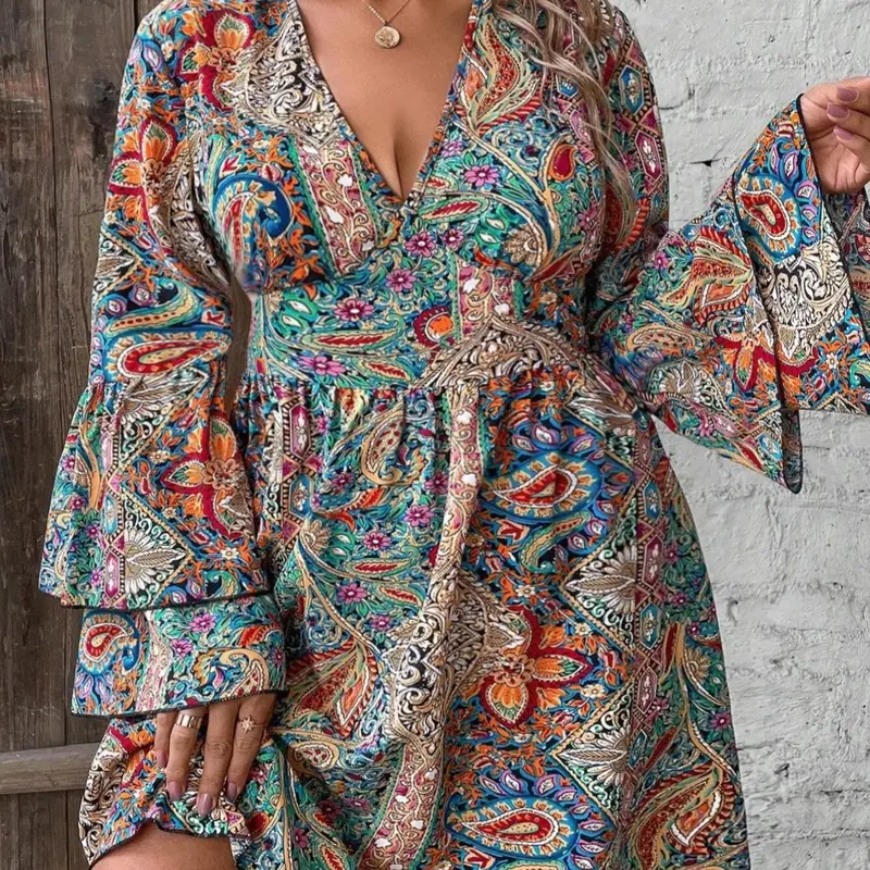 Plus Size All Over Paisley Print Flounce Sleeve Dress, Bohemian Deep V-Neck Long Sleeve A-Line Dress for Holidays and Wedding Guests, Women's Clothes for Fall & Winter, Dresses For Wedding
