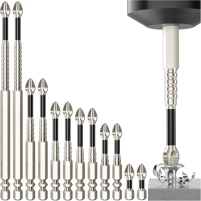 PH2 Magnetic Screwdriver Bit Set - 9 PieceK5 Impact-Resistant S2 Steel Bits , Non-Slip Electric Screwdriver Bit 1/4" Hex, 25-150mm