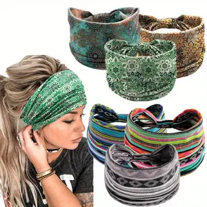 6pcs Bohemian Printed Striped Wide Edge Headband with Colorful Striped Checkered Retro Headband Suitable for Daily Wear on Sports Vacations As A Hair Accessory Set