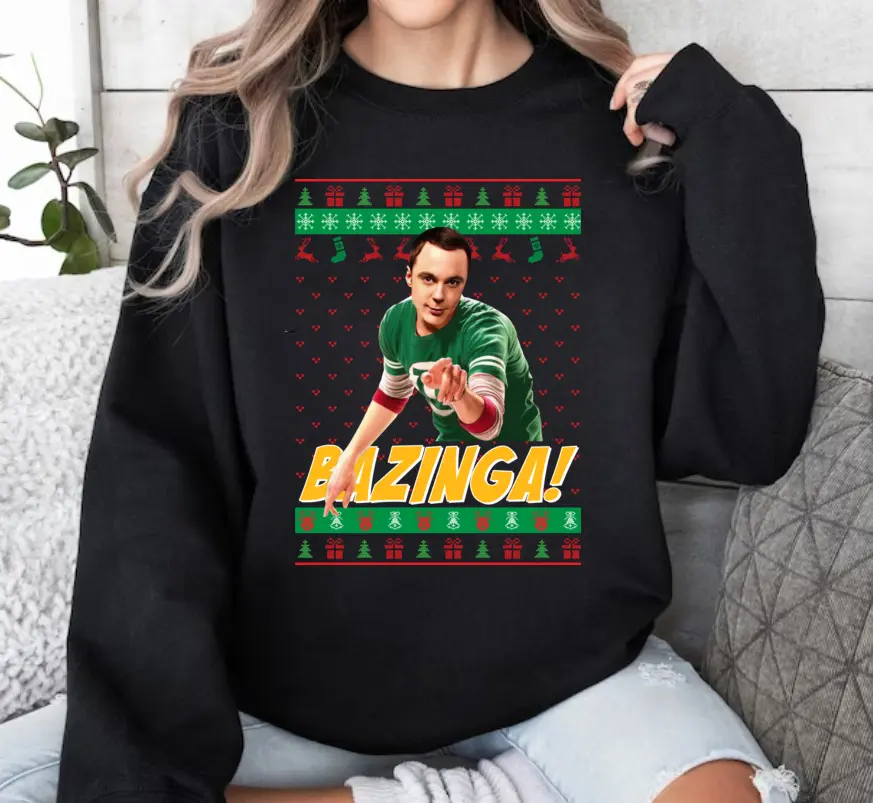 Bazinga Ugly Christmas Sweatshirt, The Big Bang Theory Funny Shirt,  Comedy Movie Hoodie, Ugly Gildan Crewneck Sweatshirt, Christmas meme Shirt