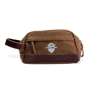 Khaki Travel Bag - Premium Canvas & Leather Dopp Kit with Inner Compartment & Two Empty Containers - Casual Style - 12x23x13cm - Bearded Crew