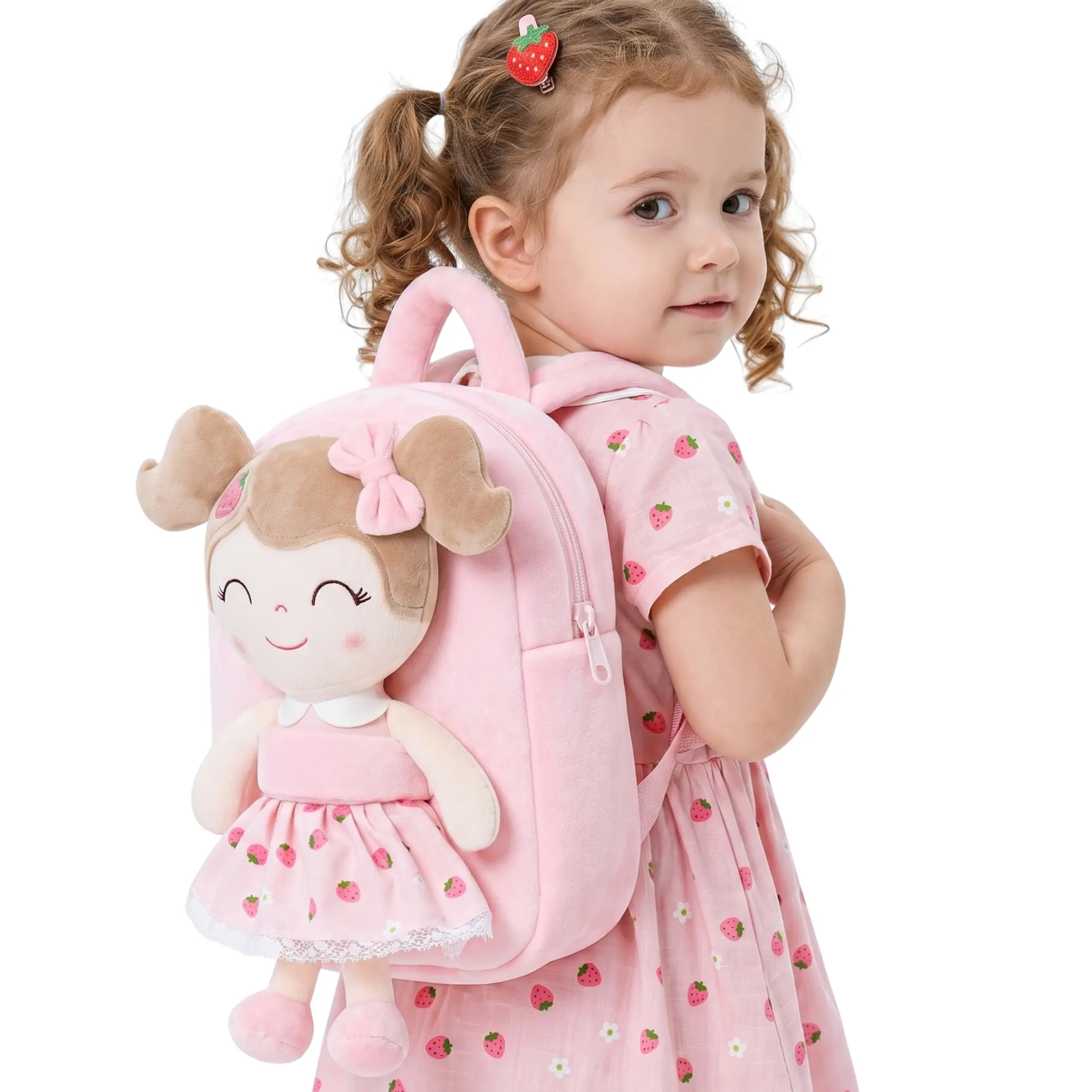 Gloveleya Kid Backpack for Toddlers for Back to School - Cute Strawberry Doll Kindergarten School Bag for Girls, Soft Plush Daycare Bag with Detachable Toy