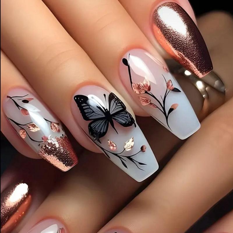 96pcs Press-On Nail Set 3D Butterfly Valentine's Day Heart & Rose Design Mid-Length Ballet Shape Mixed Color Glossy Finish Asy Application Removal Nail File Luxury Elegant Style for Parties Gatherings Daily Wear