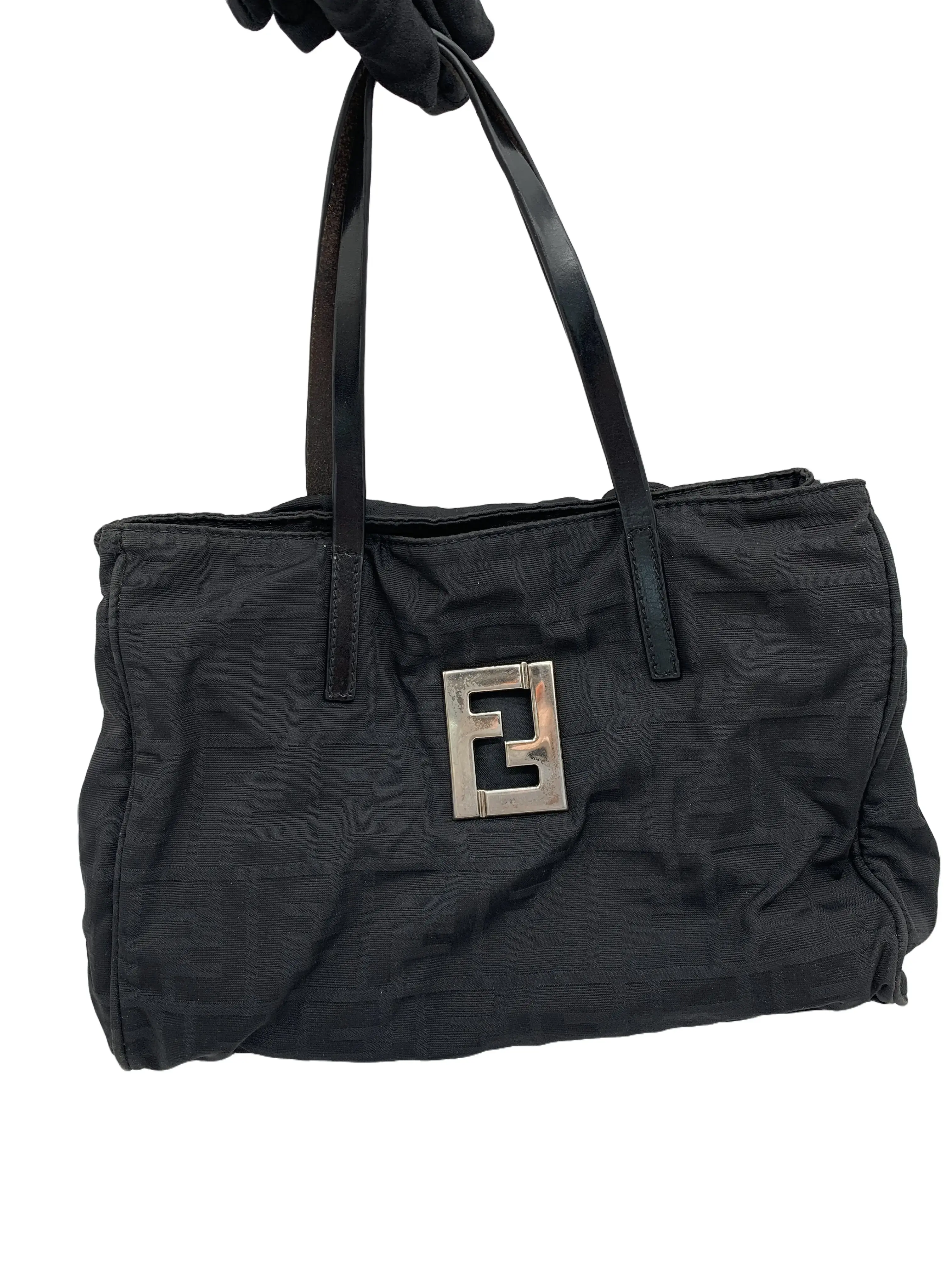 Pre-owned FENDI Black FF Nylon Hand Tote Bag/jj07928510/8510