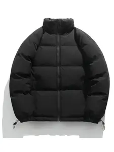 Men's Solid Thicken Zip-Up Drawstring Down Jacket, Loose Fit Puffer Jacket, Menswear, Casual Thermal Pocket Funnel Neck Outwear for Fall & Winter, Zip Up Coats