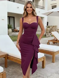 CurvySweet Women's Formal Evening Midi Cocktail Dress Built-in Bra Ruched Sleeveless Slit Ruffle Fall Wedding Guest Dresses Elegant Breathable Elegance