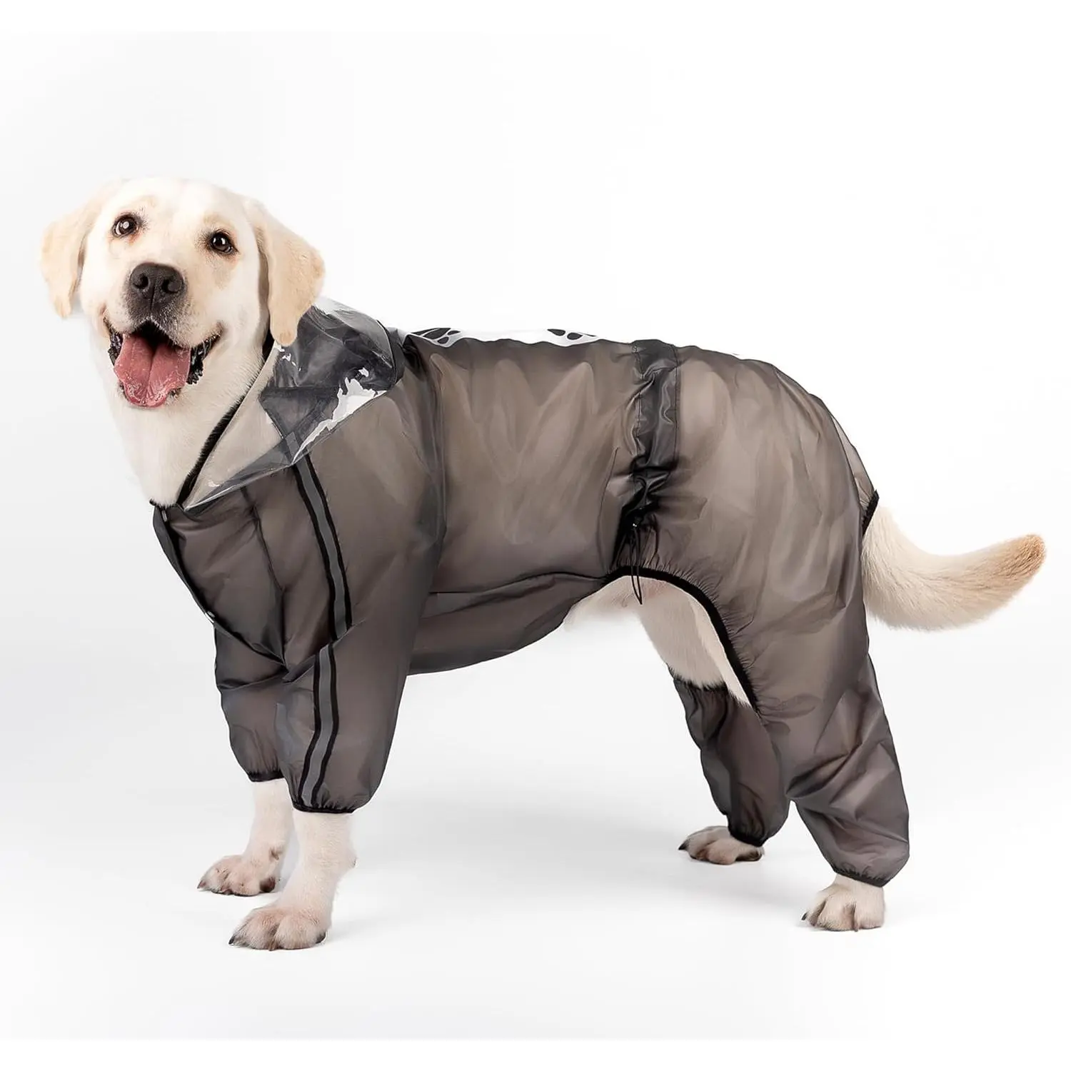 Dog Raincoat - Hooded Slicker Poncho with 4 Legs, Reflective Stripe, Transparent Water-Resistant Fabric Rain Gear for Small, Medium, Large Dogs (Black, L), 4 Legs Rain Jacket, All Seasons, Waterproof, One-Piece