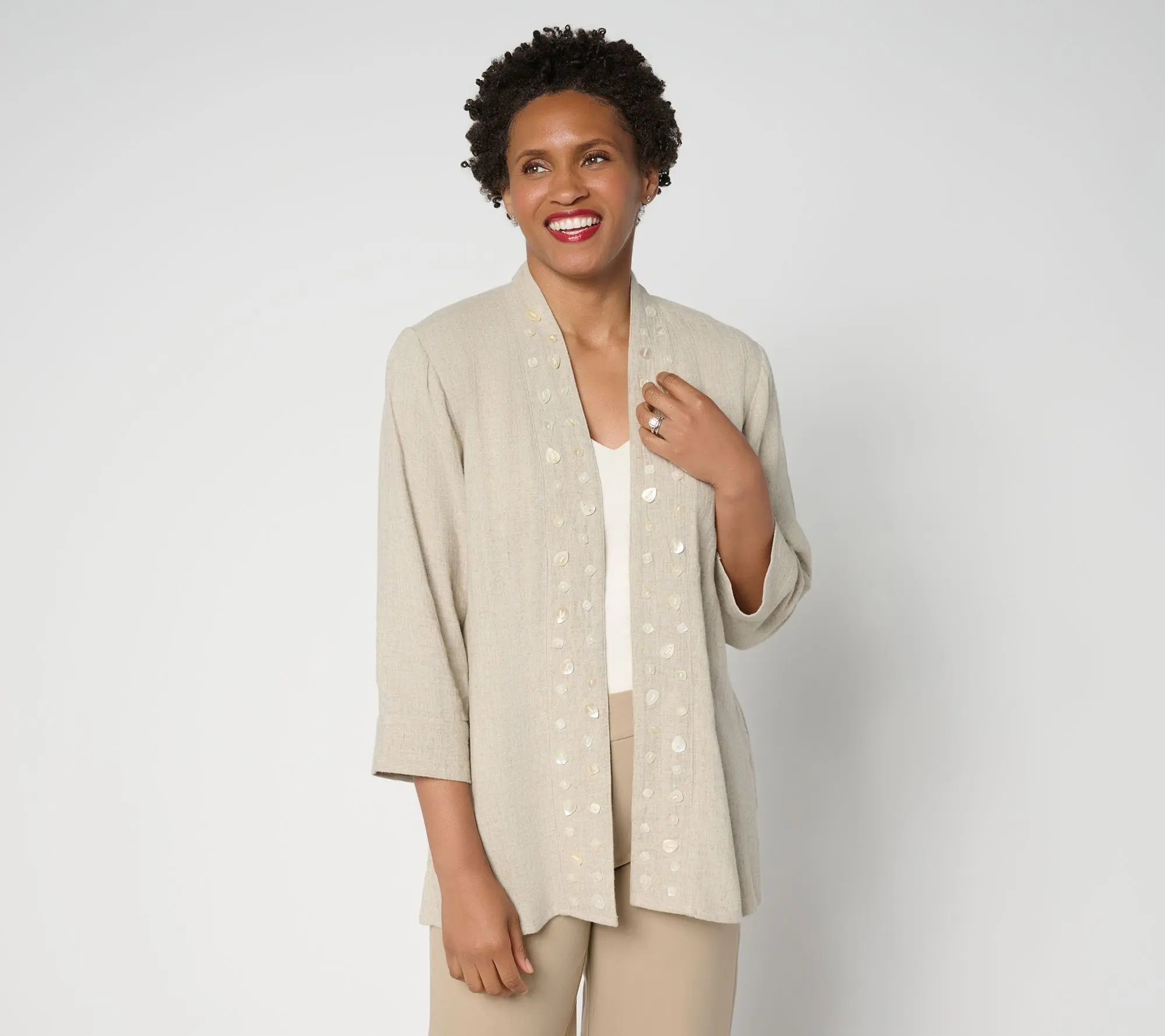 GRAVER Susan Graver Petite Linen Open Front Cardigan w/Embellishment