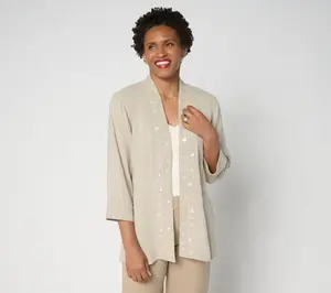 GRAVER Susan Graver Petite Linen Open Front Cardigan w/Embellishment
