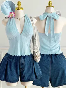 Elegant Adjustable Strap Halter Backless Knit Top for Women, Plain Fitted Casual Design, Moderate Fabric Thickness, Perfect for All Seasons