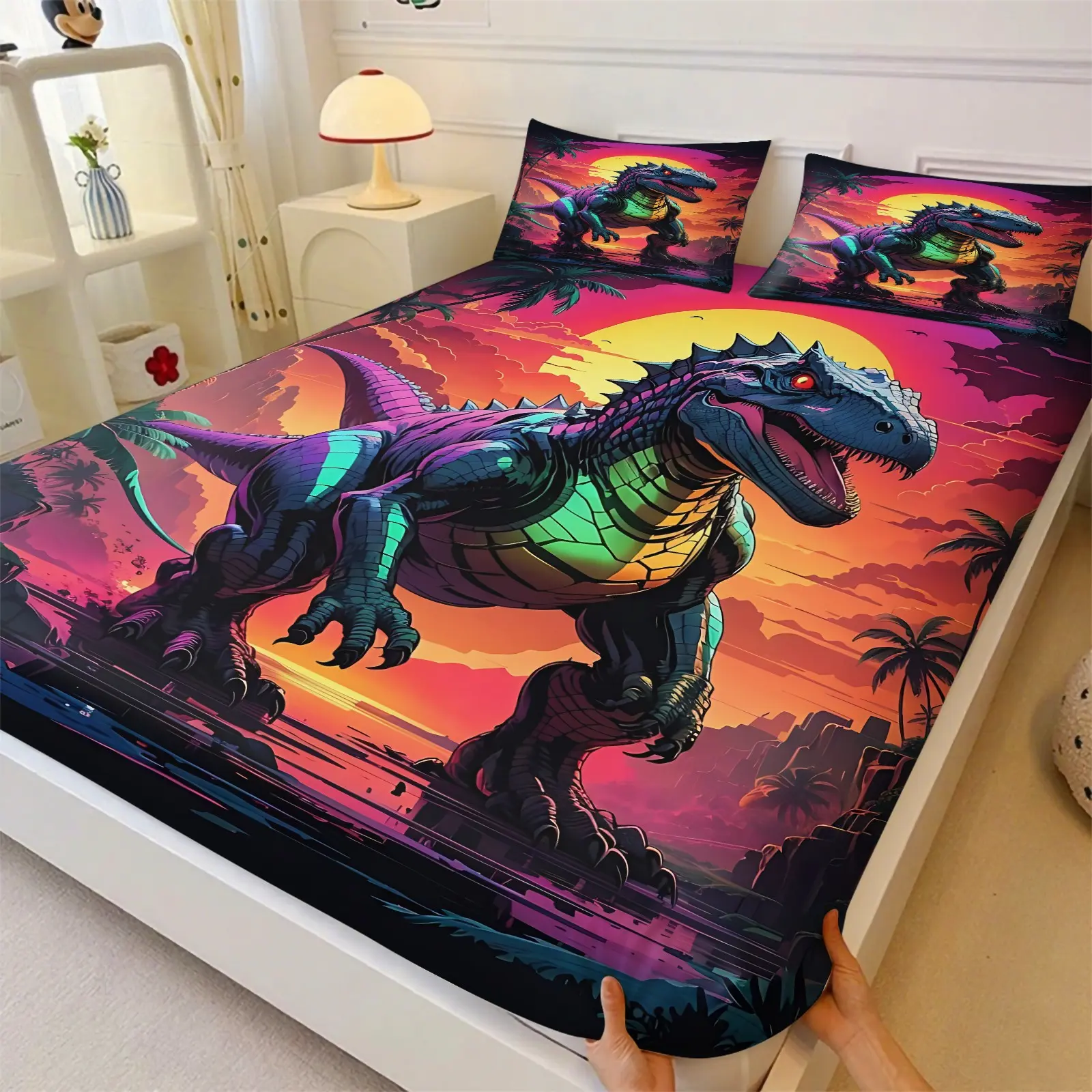 3 pcs Jurassic Dinosaur World Printed Children'S Bedding Set, Bedsheet Sets, Cartoon Dinosaur Pattern Fitted Sheet Set, Suitable for Teenagers or Children'S Bedroom Decoration, Soft and Comfortable, Including 1 Fitted Sheet and 2 Pillowcases