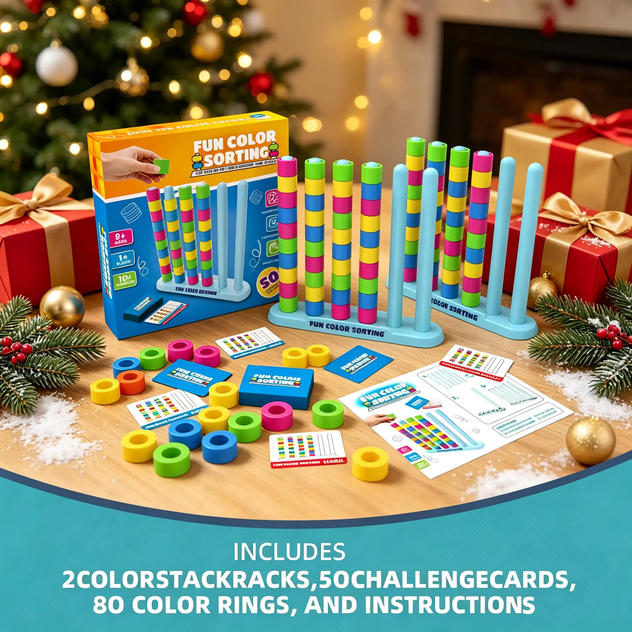 Color Sorting Stack Rack Stacking Game - 2-Player Race Puzzle Board Game with 50 Challenge Cards, Educational Logic Matching Brain Toy for Kids Ages 8+, Family Party Gift