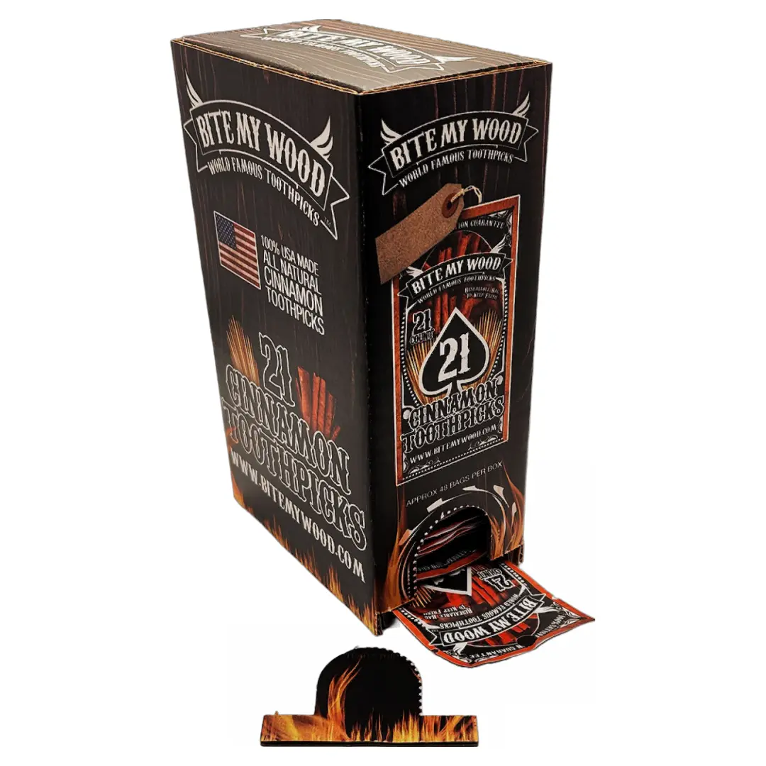 BiteMyWood Cocktail Sticks 21 qty per Bag 48 Pack Point Of Sale Counter Store Retail Display 1 Box Purchase Cinnamon, Spearmint, Mint, Eucalyptis, and Infused Toothpicks Ready-to-Use Box Made in USA