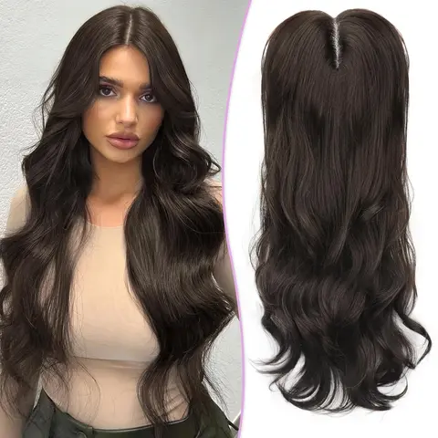 AISI HAIR Women's Curly Brown Highlight Long Synthetic Half Wig Topper with Bang, 3D 360° Coverage Clip-In Anti-Thinning Extensions & Pieces for Thinning Hair Adults, Curly Brown Highlighted, Half Wigs