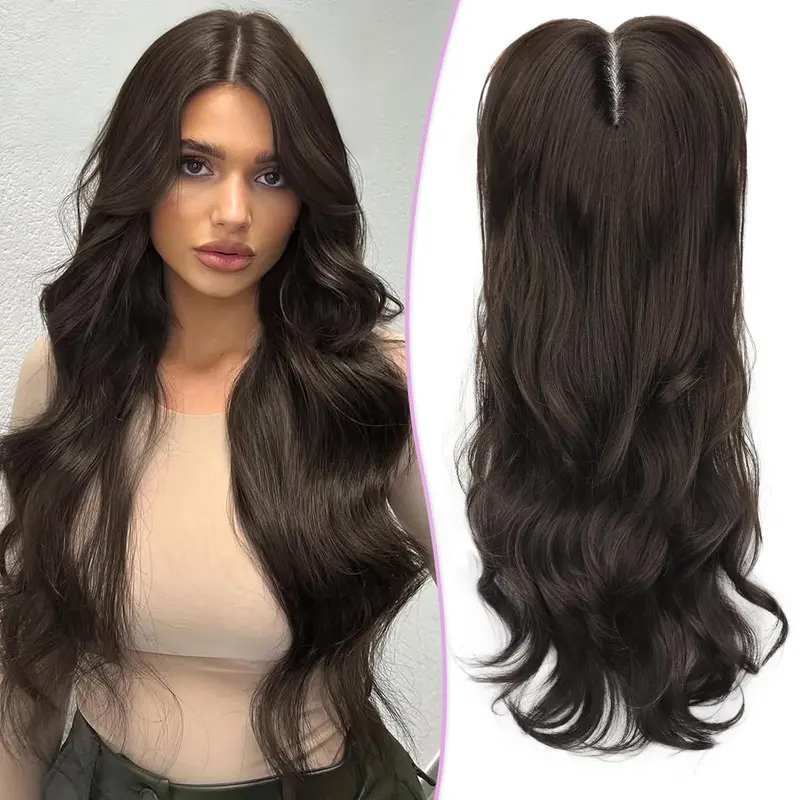 AISI HAIR Women's Curly Brown Highlight Long Synthetic Half Wig Topper with Bang, 3D 360° Coverage Clip-In Anti-Thinning Extensions & Pieces for Thinning Hair Adults, Curly Brown Highlighted, Half Wigs