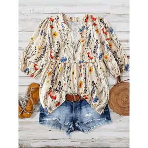 Plus Size All-Over Boho Chic Floral Print Blouse, Casual Notched-Neck Top for Summer, Women’s Clothing for Everyday Wear, Flower Shirts, Long-Sleeve Shirt for Women, Boho Clothes for Women GARMENTARY