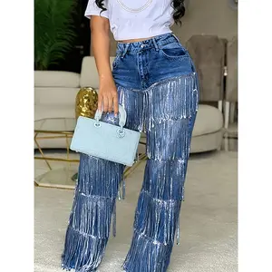 Women'S Bohemian Fringe Hem Wide-Leg Denim-Like Trousers - Loose Straight Leg Pants with Decorative Fringe, All-Season Non-Stretch Fabric & Nail Button Closure for Casual to Semi-Formal Outfits (Solid Color, Versatile Casual Attire) Petite Pants for Women