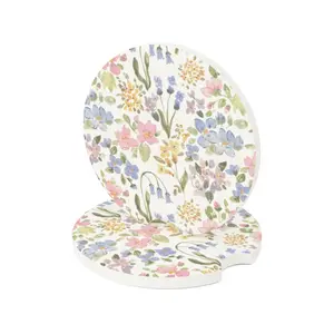 Floral Soapstone Car Coaster, Absorbent Stone Cup Holder Insert, Vintage Wildflower Car Decor, Cute Aesthetic Gift
