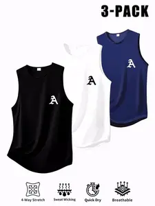 3-Pack Men's Quick Dry Sportswear Tank Tops, 4-Way Stretch Breathable Dry Fit Sports Singlet Sleeveless Shirts, Sweat Wicking Athletic Gym Workout Tops with Letter Print
