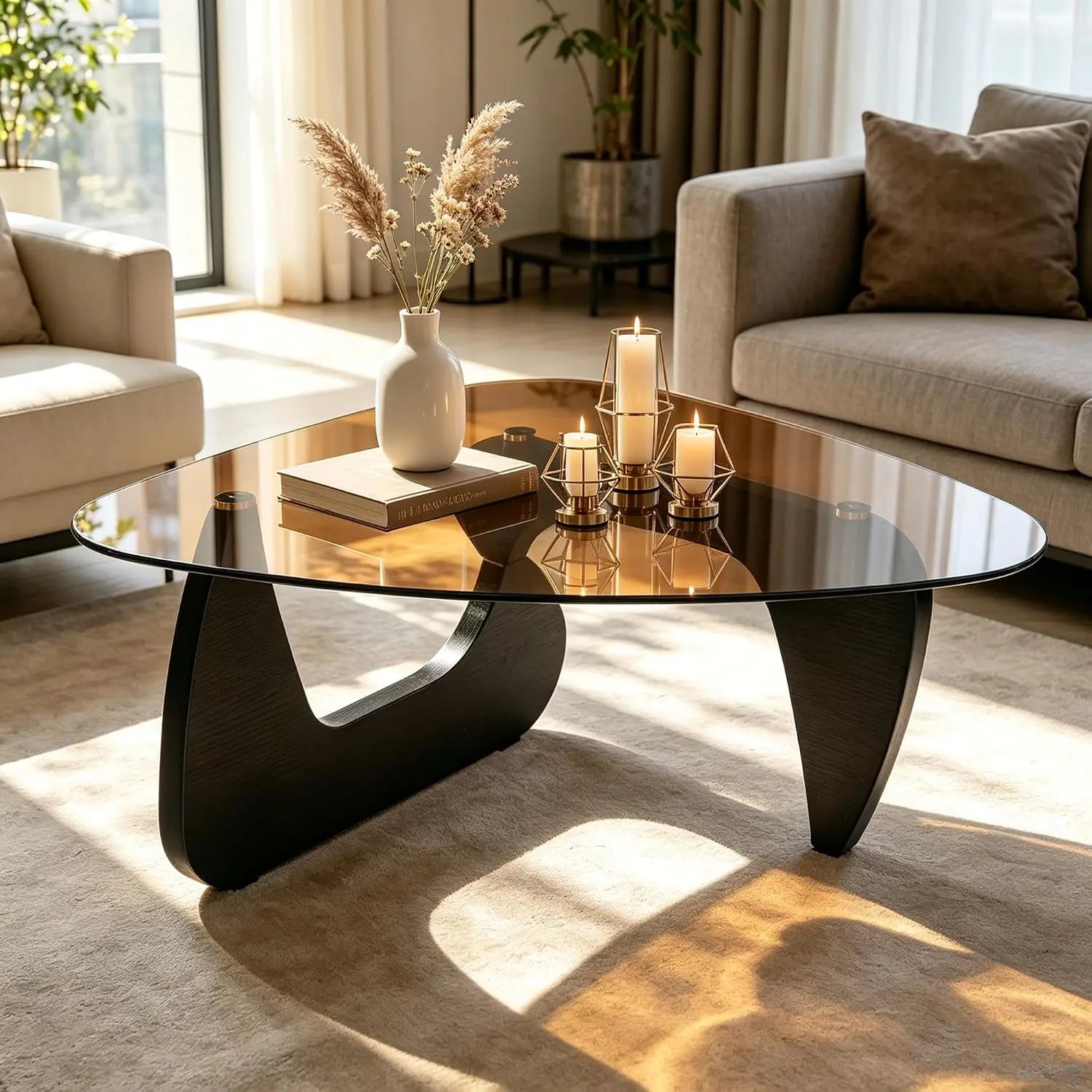 Modern Glass Coffee Table, Irregular Rounded Triangle Smoked Tempered Glass Top, Black Plywood Base, Unique Center Table for Living Room & Small Space