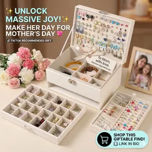 BOOVO 2-layer women's jewelry box with 24 ring slots and 6 bracelet holders, made of PU leather. A great gift choice for women.
