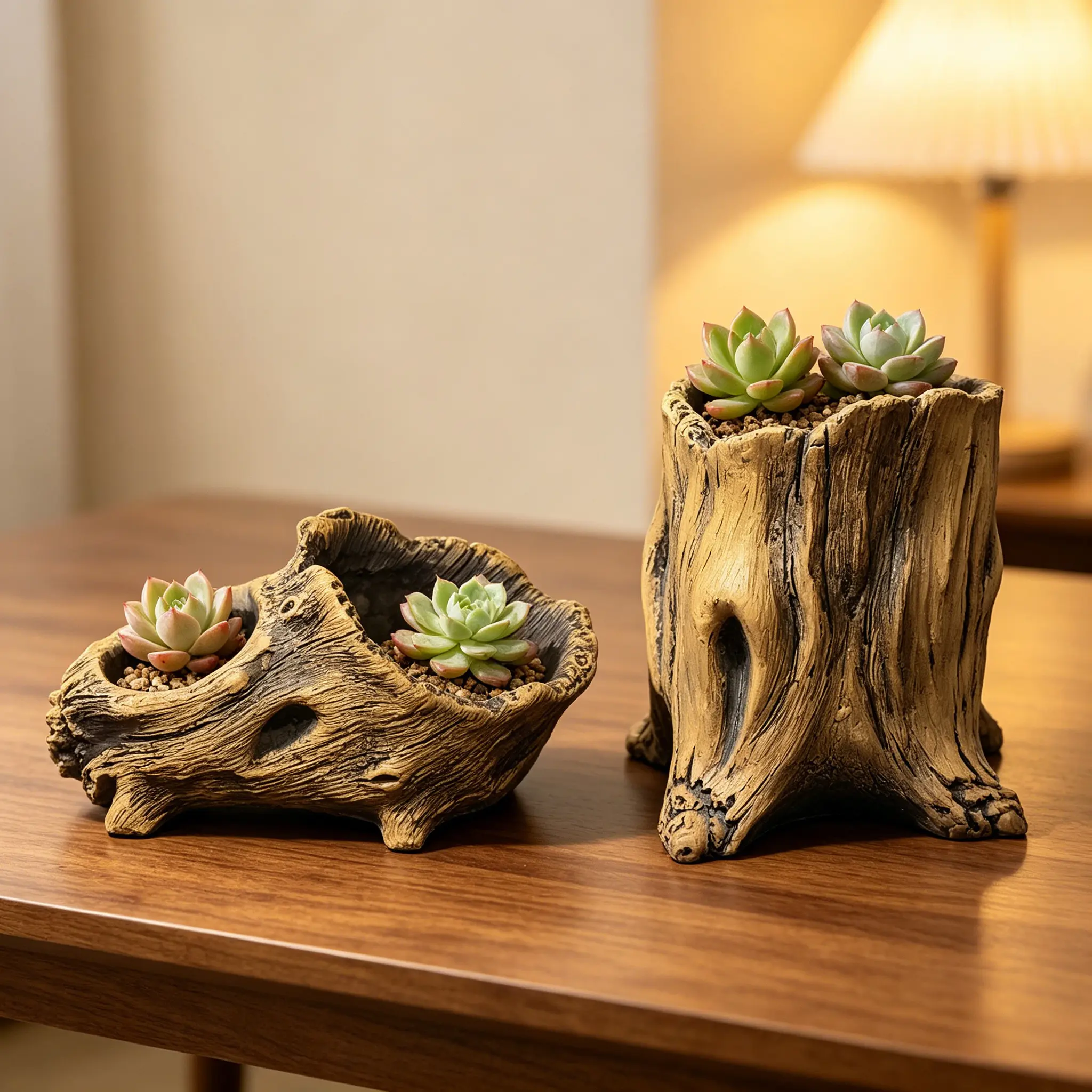 Artistic Cement Tree Stump 2Pcs Mixed Planter Set, Relief Texture Retro Wood Grain Succulent Pots with Drainage Holes for Home Decor