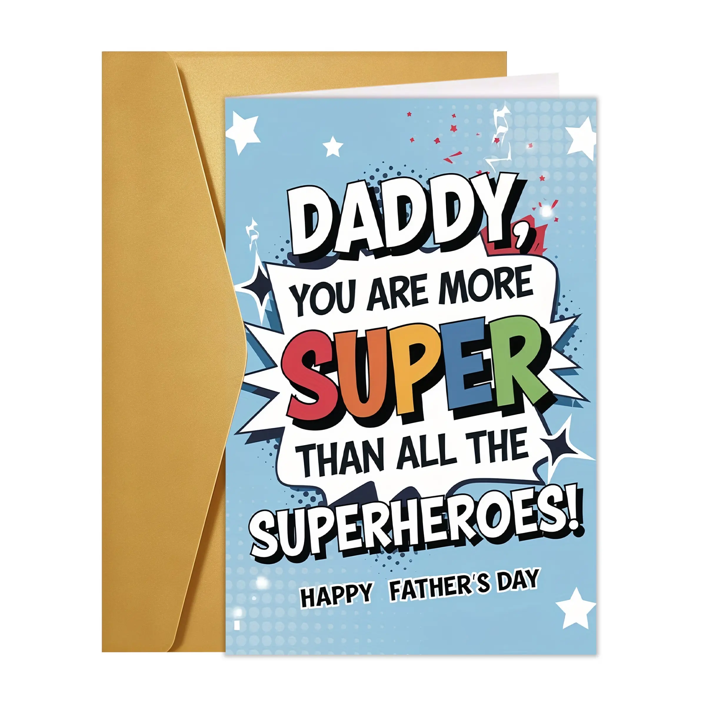1pc Father's Day Superhero Card – Heartfelt "Daddy, You Are More Than All the Superheroes" Message with Envelope, Vibrant Cartoon Design, Perfect for Expressing Gratitude and Love