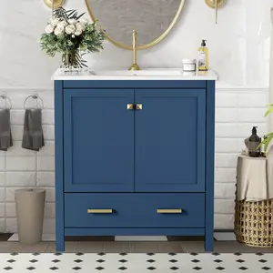 NEKODO 30" Bathroom Vanity with 1 Hole Ceramic Sink, Freestanding Single Basin Vanity Set with Drawer and 2 Doors, Solid Wood Frame, Dark Blue