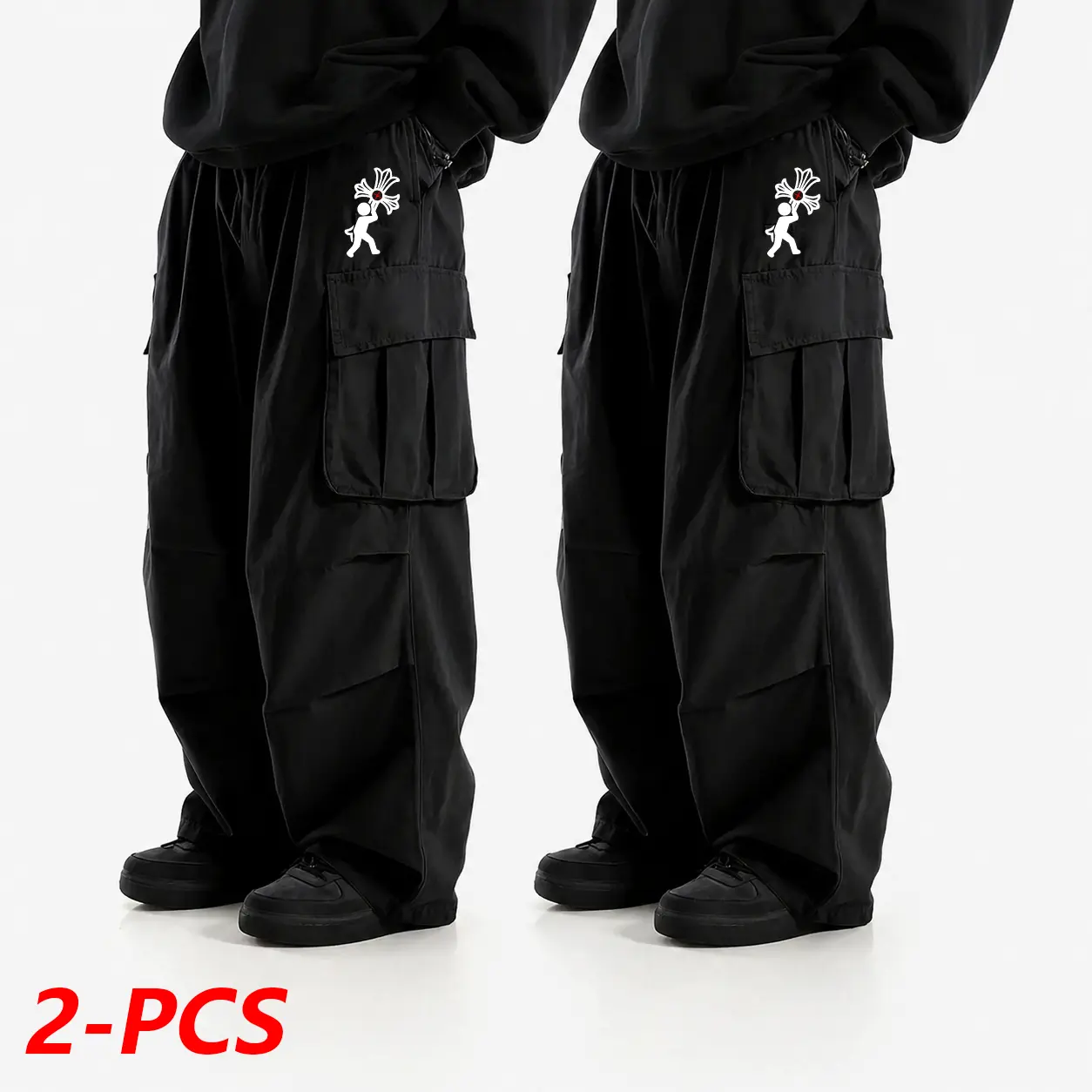 2-pack men’s loose cargo pants featuring a cross pattern print design, large pockets on both sides of the legs, and an elastic waistband. Street casual wear, everyday casual wear, Y2K American retro style, streetwear fashion cargo pants