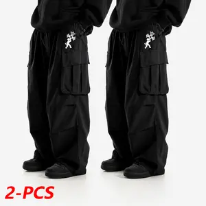 2-pack men’s loose cargo pants featuring a cross pattern print design, large pockets on both sides of the legs, and an elastic waistband. Street casual wear, everyday casual wear, Y2K American retro style, streetwear fashion cargo pants
