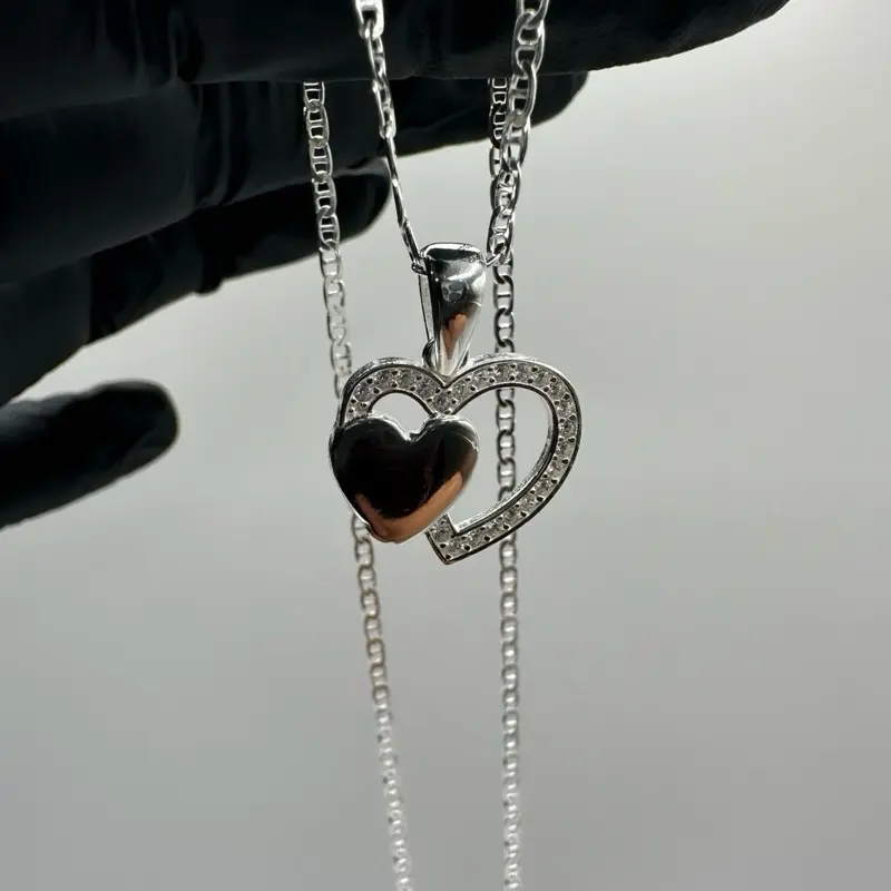 925 Sterling Silver Double Heart Necklace – 20” Italian Mariner Chain – Mexican Silver