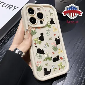 Black Cat Garden Pattern Phone Case for iPhone 16 E 15 14 Pro Max 13 12 11 XR XS Plus Shockproof Drop Protection Rugged Durable Silicone Cover