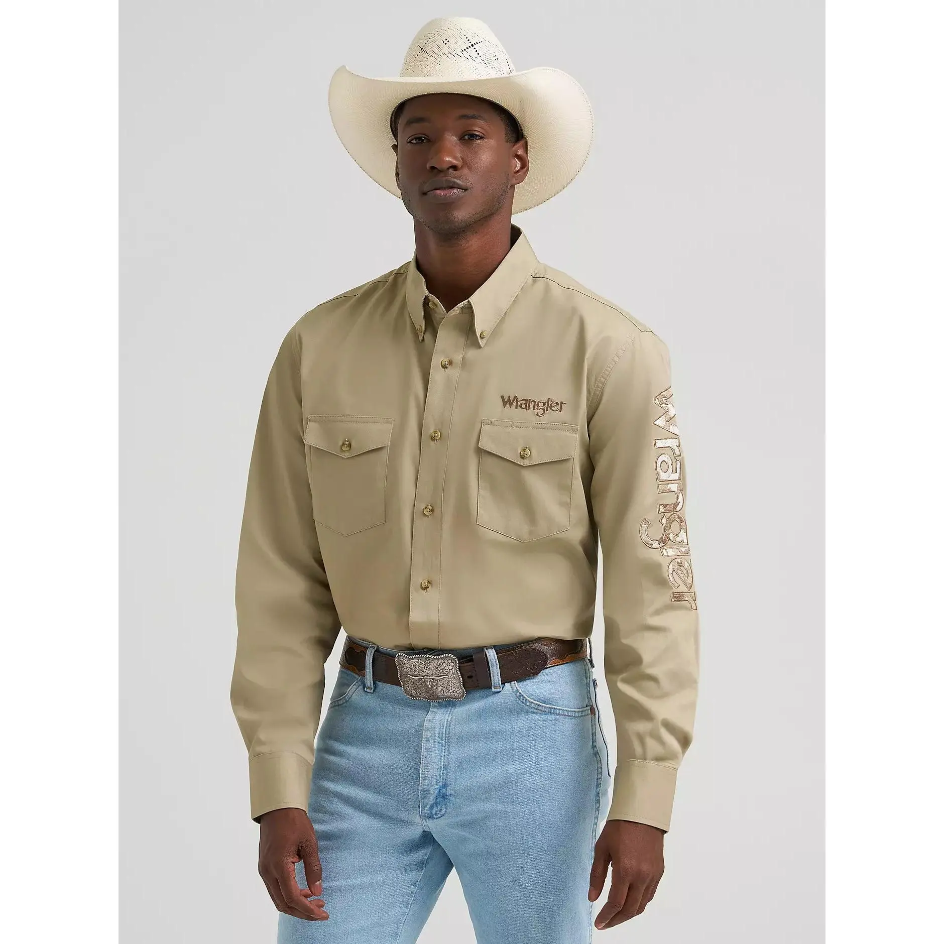 Wrangler Mens Logo Long Sleeve Solid Shirt - Khaki