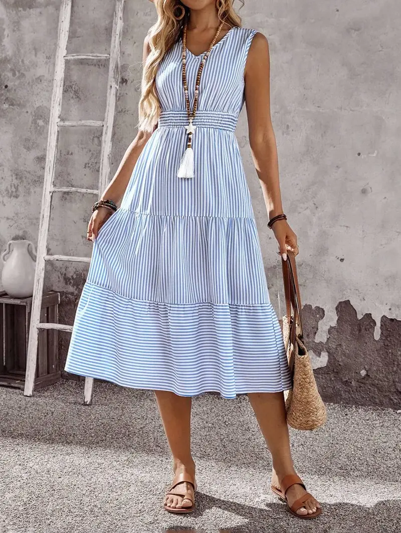 blue and white striped dress