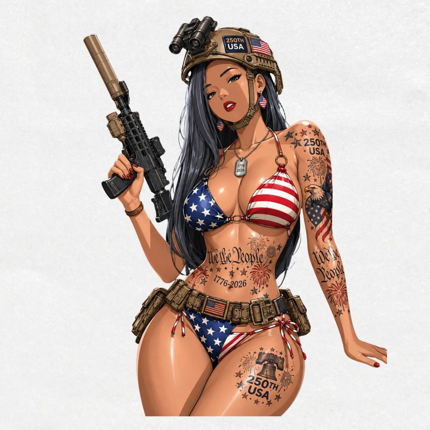 USA 250th Anniversary Tactical Girl Vinyl Sticker  Patriotic Bikini Rifle Girl  4th of July Decal