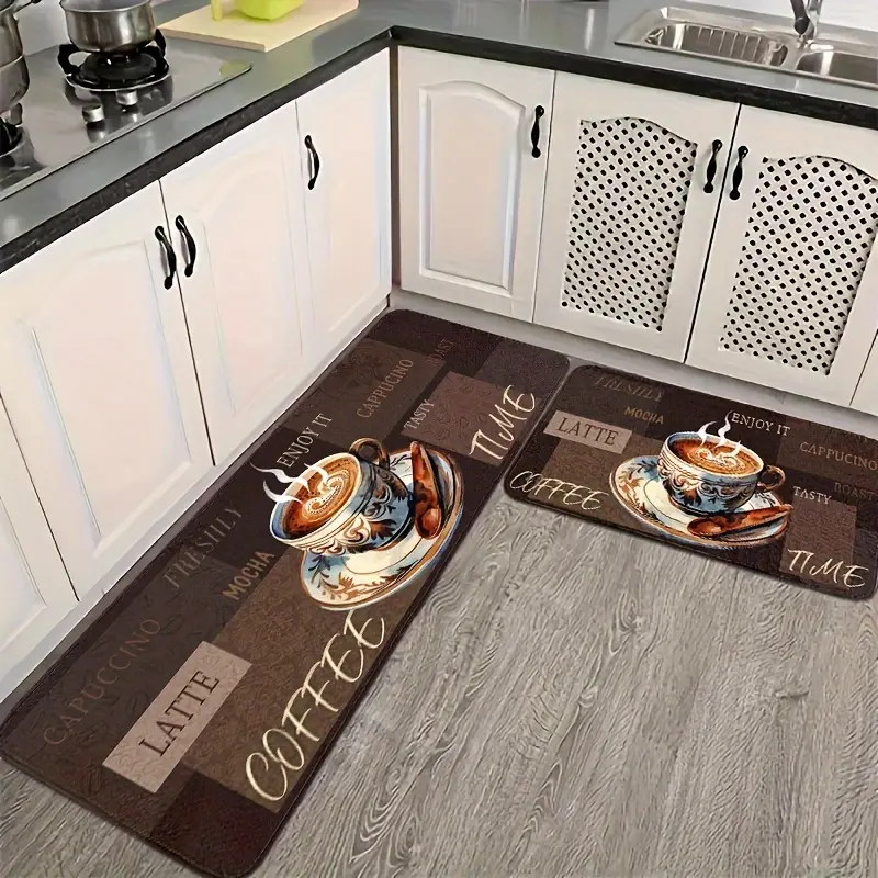 Coffee Print Soft Kitchen Mat, Spring Summer, Outdoor Theme, Fade Resistant, Home Decor Washable, Machine Washable, Polyester Fiber Material, Soft Comfortable Mat, Runner Mat, Rug, Door Mat