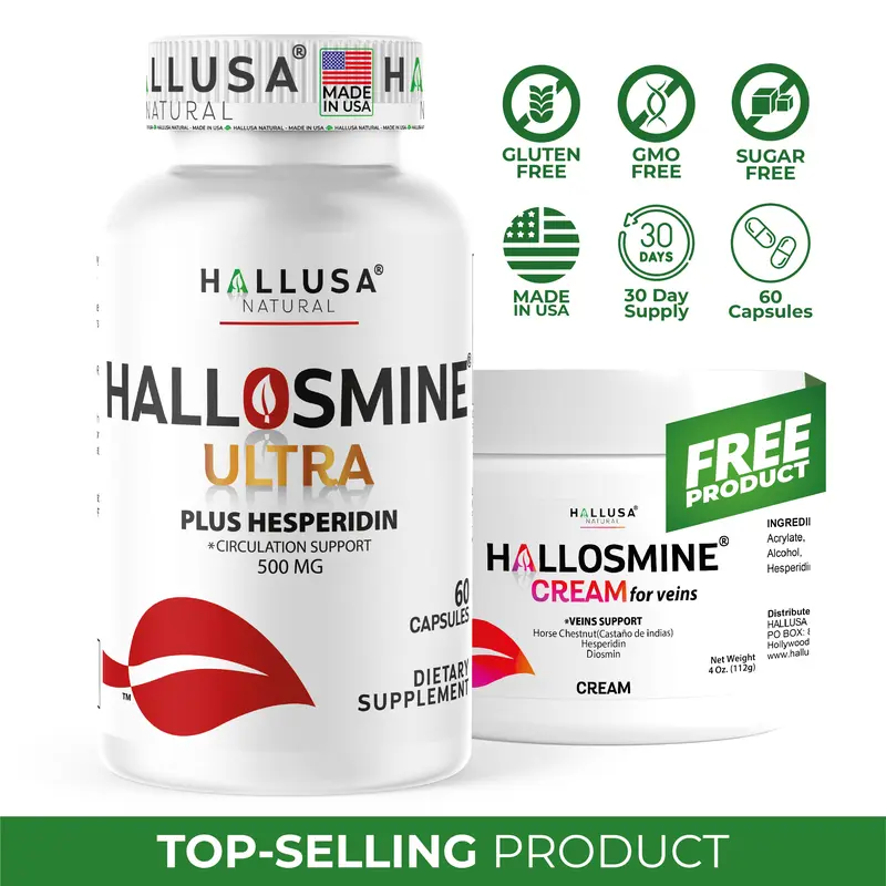 HALLUSA NATURAL HALLOSMINE ULTRA + FREE Cream – Diosmin 500mg & Hesperidin – Circulation & Vein Support for Tired Legs & Spider Veins 60 Capsules & Cream Edible Supplement
