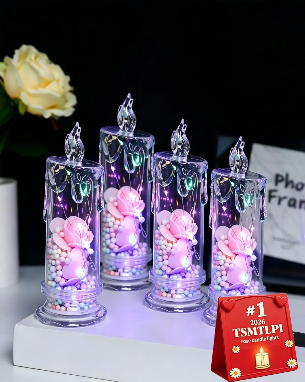 Realistic Rose Candle Lights-Battery Powered,Smoke-Free LED Roses for Home Decor,Faux Flameless LED Candles,Romantic Tabletop Night Lights,Wedding Romance Anniversary Decorations Valentine