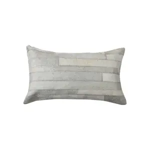 360 Stand 2-Piece 12x20 in. Gray Patchwork Cowhide Leather Lumbar Throw Pillows - Handcrafted, Transitional Indoor Decor, Living Room Textile Furnishings