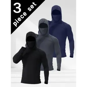 Men's 3-Piece Compact Quick-Dry Athletic Style Hoodie Top Set - Breathable, Sun-Protective, High-Elastic Polyester Fabric with Face Mask for Gym, Running, Casual Wear in Navy, Black, Dark Blue