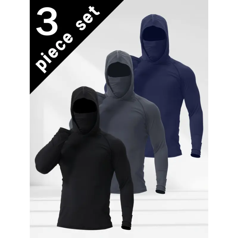 Men's 3-Pack Athletic Hooded Sweatshirts, Skinny Fit High-Stretch Quick-Dry Pullovers with Face Mask for Year-Round Training