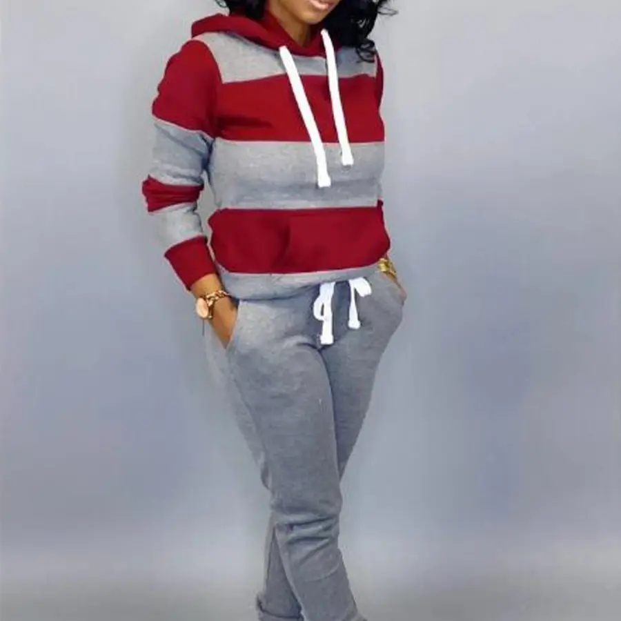 Women's Casual Color Block Tracksuit, 2-Piece Long Sleeve Hooded Sweatshirt and Pants Set with Pocket, Polyester Fabric Loungewear, Rose, Style