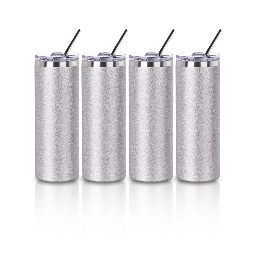 4-Pack 20 oz Customized Stainless Steel Sublimation Skinny Straight Glitter Silver Water Bottles with Metal Straw and Slide Lid, Coffee