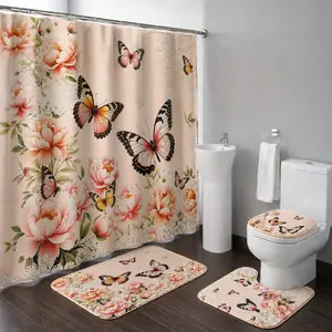 4 PCS Butterfly Shower Curtain Set  Pink Floral Girly Flower Peony Pretty Complete Bathroom Set Non-Slip Bath Rug Toilet Lid Cover and U Shape Mat Accessories 12 Hooks Bathoom Decor