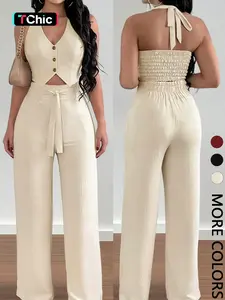 Women's  Halter Crop Top & Wide-Leg Pants Set, Womenswear, Comfortable Woven Material & Halter Neck Design & Smocked Back & Tie-Waist Silhouette，2pcs