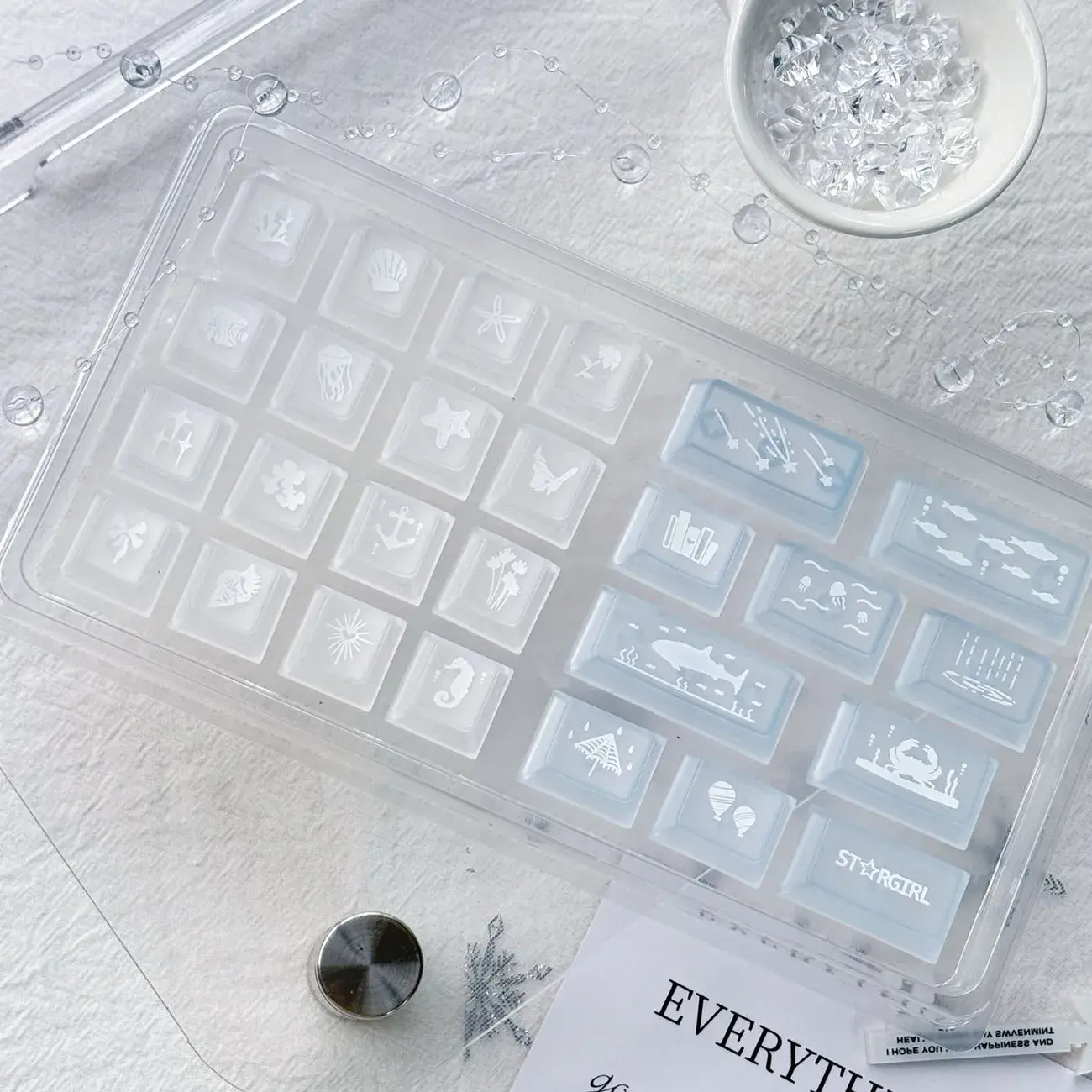 26 Keys Set Translucent Frosted Blue Island Theme PBT Plastic Keycaps, OEM Profile, Sublimation Printed, Minimalist Fresh Blue Design, Compatible with MX Mechanical KBs, for Gaming/Typing (Keycaps Only, No Keyboard Included)