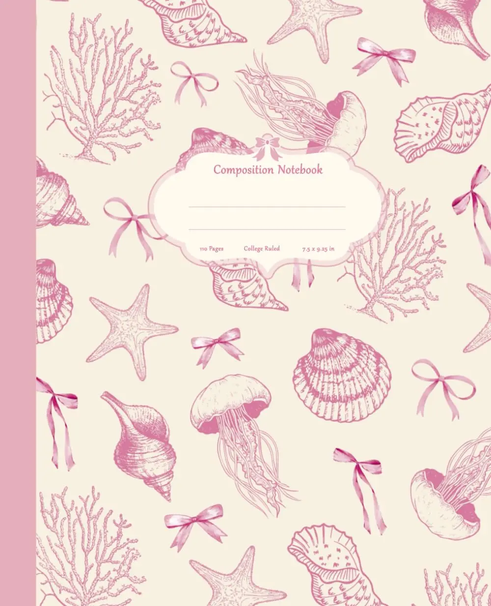 Composition Notebook: Cute Pink Coquette Bows and Vintage Ocean Creatures | College Ruled For School and Work| 110 Pages 7.5 x 9.25" | Aesthetic School Supplies For Biology Students and Teachers