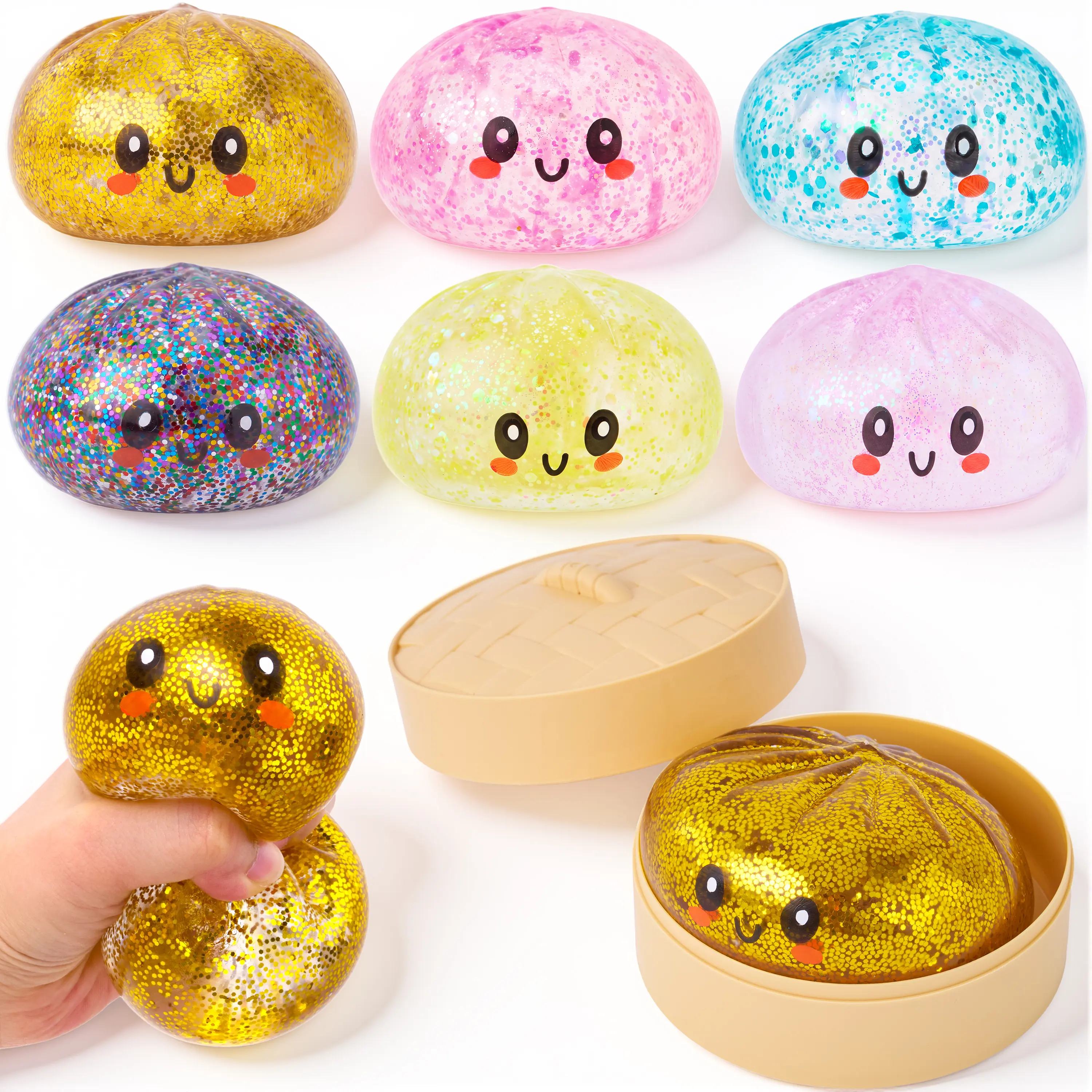 JOYIN Dumpling Squishy Toy, 1pcs Glitter Dumpling Mystery Box, Colorful Steamed Bun Stress Relief Balls with Steamer Box, Anxiety Relief Fidget Sensory Toy, Soft Squeeze Decompression Dough for Adults Gifts, Party Favors, Office Desk Decor
