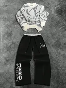 Men's Fashion Casual Two-Piece Set Outfit, Soft Comfortable Round Neck Sweater and Drawstring Waist Wide Leg Pants, Spring Fall Winter Home Wear