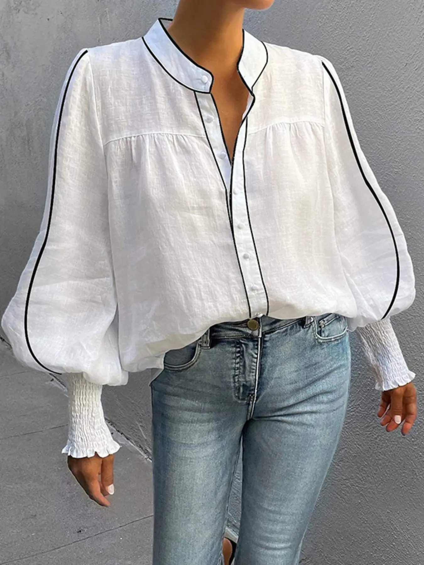Women's Solid Long Sleeve Puff Sleeve Round Neck Top, Stretchy Loose Fit Button Shirt Blouse for Casual Elegance, Stylish Women's Fashion Basic